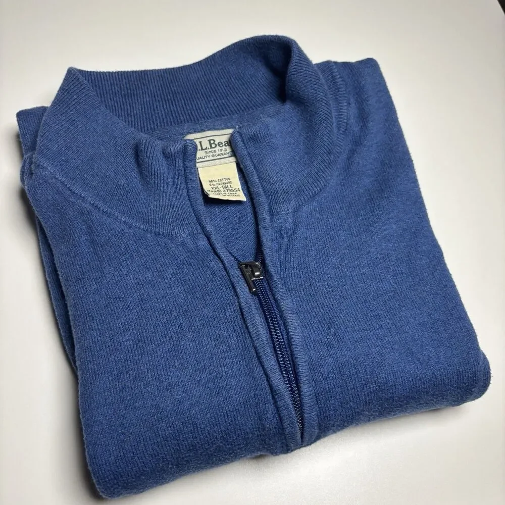 LL Bean Sweater 1/4 quarter Zip Cotton‎ Cashmere Pullover Men's XXLT Tall Blue